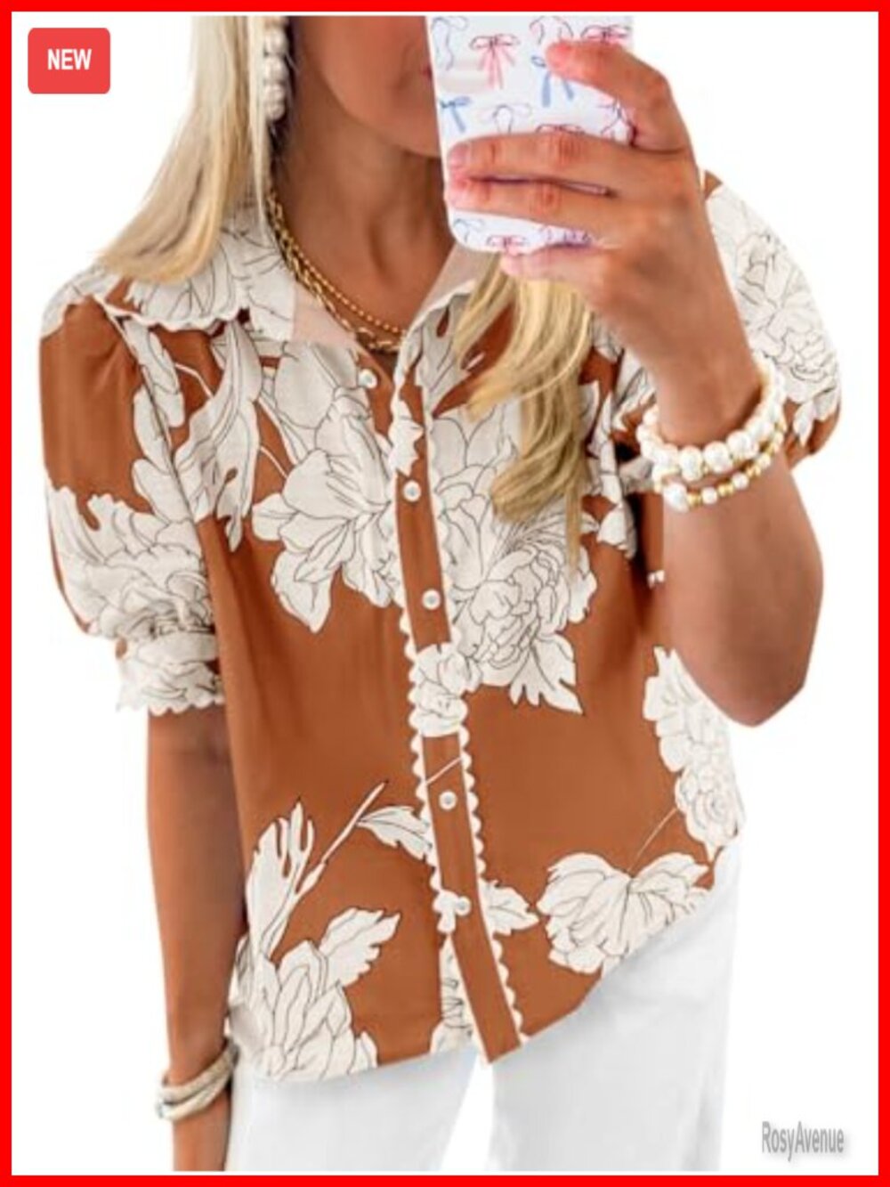 Women's Summer Floral Puff Sleeve Button Down Blouse Loose Fit Casual Work Boho